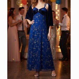 Girls Size 16 Blue Sheer Layered Velvet Faux Diamonds Shawl Fancy Maxi Dress